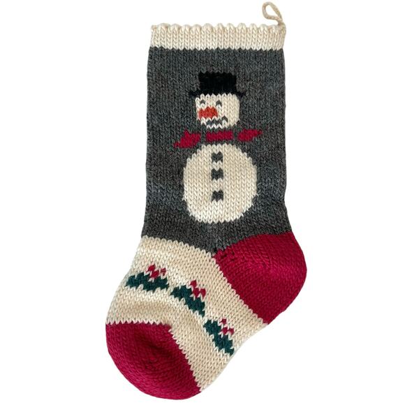 Hand Knit Christmas Stocking Wool Handmade Snowman Mistletoe 16” Red Gray Ivory - Picture 1 of 7